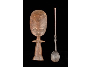 AFRICAN ZULU EBONY SPOON & CARVED FETISH FIGURE