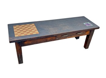 HEAVY OAK GAME TABLE with inlaid TILE & GAMEBOARD