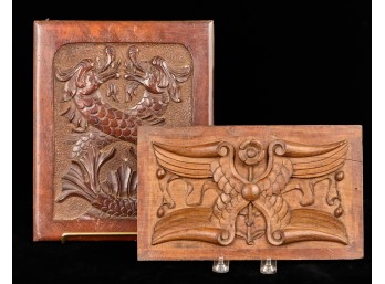(2) CARVED HARDWOOD PLAQUES with DRAGONS & WINGS