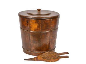 STEAL BOUND WOODEN BUCKET & CHIP CARVED BELLOWS