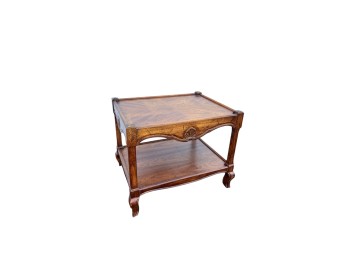 CARVED PECAN WOOD END TABLE with LOWER SHELF