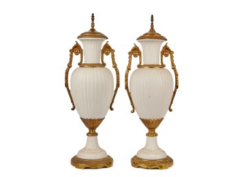 PAIR of BRASS BOUND PORCELAIN URNS