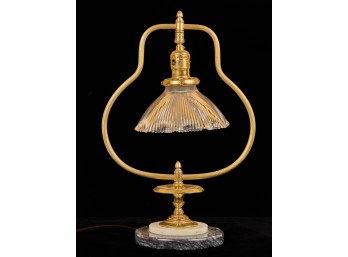 BRASS HARP-FORM TABLE LAMP with GLASS SHADE