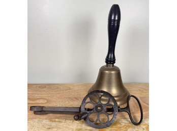 VINTAGE BRASS SCHOOL BELL & ANTIQUE EGG BEATER