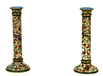 PAIR of ROBERT KUO'S CLOISONNE CANDLESTICKS