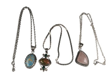 (3) STERLING SILVER NECKLACES w/ STONE PENDANTS