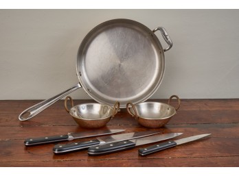 ALL CLAD SKILLET, (4) KNIVES and (2) COPPER BOWLS