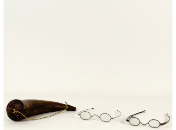 (2) PAIRS of (19th c) EYEGLASSES & a POWDERHORN
