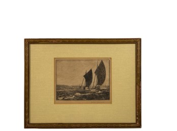 SIGNED (19thc) 'TOWING THE DORY' ETCHING