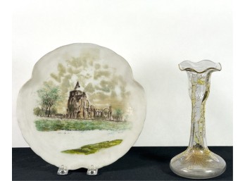 HAND PAINTED MT. WASHINGTON GLASS PLATE & VASE
