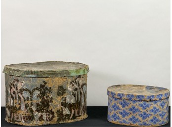Two (18th/19th c) WALLPAPERED HAT BOXES