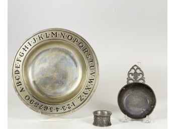 PEWTER NAPKIN RING, PORRINGER, & PLATE