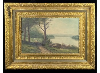 'LAKE IN THE MOUNTAINS' OIL IN GILDED FRAME