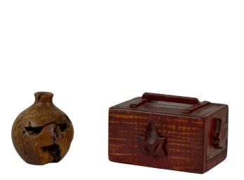 FOLK ART COVERED BOX & BURLWOOD BUD VASE