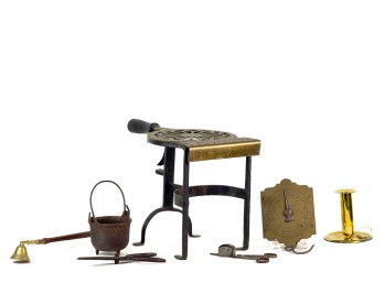 (19th c) BRASS & IRON KETTLE STAND & FIRE TOOLS