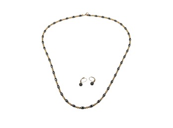 14K GOLD AND HEMATITE NECKLACE AND EARRINGS