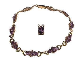 14K GOLD AMETHYST BRACELET AND DROP PENDANT