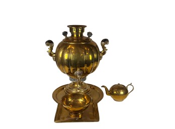 ANTIQUE RUSSIAN BRASS SAMOVAR, TRAY, BOWL, TEAPOT