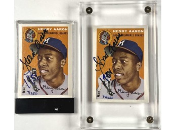 (2) SIGNED 1991 TOPPS HANK AARON REPRINT