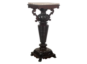 VICTORIAN CARVED MAHOGANY MARBLE TOP PEDESTAL