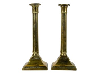 PAIR of (18th c) GEORGIANA BRASS CANDLESTICKS