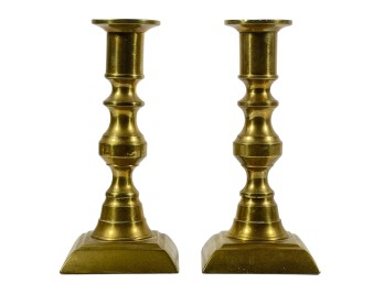 SMALL PAIR of (19th c) BRASS PUSHUP CANDLESTICKS