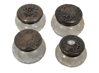 (4) ART NOUVEAU STERLING & CUT GLASS POWDER JARS