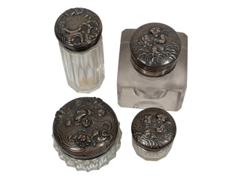 (4) ART NOUVEAU STERLING & GLASS JARS