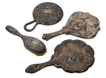 (3) ART NOUVEAU STERLING MIRRORS & HAIRBRUSH