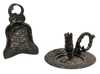 ART NOUVEAU STERLING CRUMB TRAY & CHAMBERSTICK