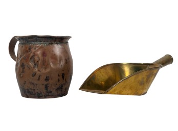 (19th c) COPPER PITCHER & BRASS DRY GOODS SCOOP