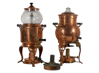 Two EARLY (20th c) COPPER & BRASS PERCOLATORS