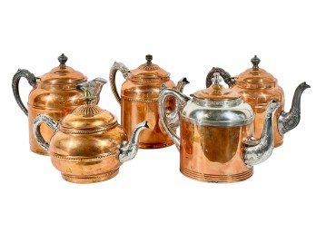 (5) COPPER, BRASS, & NICKEL COFFEE/TEA POTS