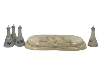 CELLULOID & BAKELITE VANITY SET & BARBER BOTTLES