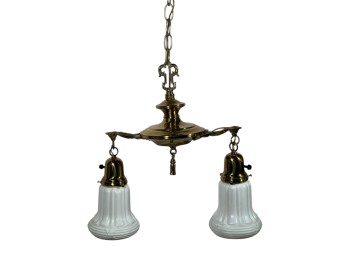 (2) LIGHT EDWARDIAN BRASS PAN CEILING FIXTURE