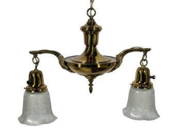 (2) LIGHT EDWARDIAN BRASS PAN CEILING FIXTURE