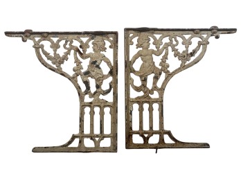 PR. (19th c) PAINTED CAST IRON BRACKETS w FIGURES