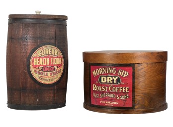 MORNING SIP COFFEE & EUREKA FLOUR AD BARREL/FIRKIN