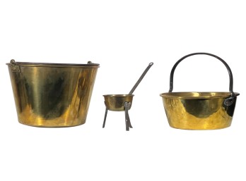 Two (19th c) BRASS BUCKETS & FOOTED LADLE