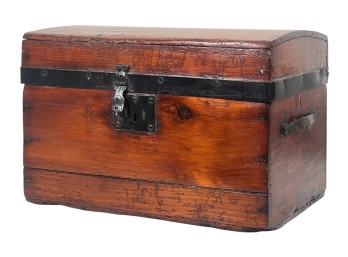 (19th c) PINE & IRON LOCK BOX with INNER TRAY