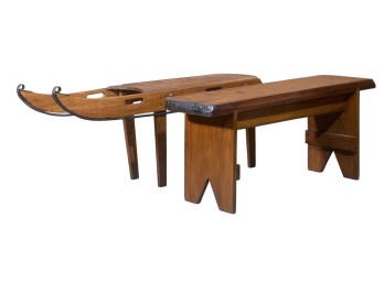 RUSTIC PINE BENCH & ANTIQUE SLED TABLE