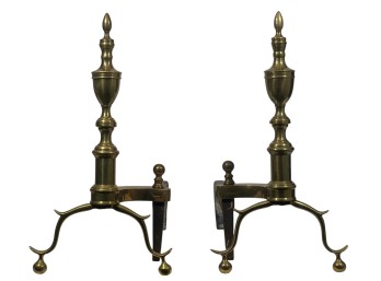 PAIR of ROSTAND X COLONIAL REVIVAL BRASS ANDIRONS