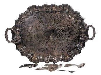 FLORAL ENGRAVED SILVER PLATE TRAY & SPOONS
