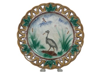 (19th c) RETICULATED WEDGWOOD MAJOLICA HERON PLATE