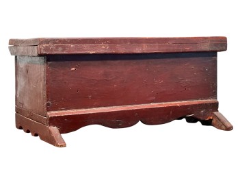 MINIATURE (19th c) BLANKET CHEST in OLD RED PAINT