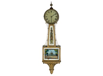 (19th c ) GILT BANJO CLOCK with EGLOMISE PANELS