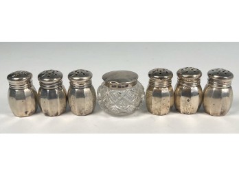 (6) STERLING SILVER SHAKERS AND A CUT GLASS JAR