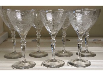 (7) ETCHED CORDIAL  GLASSES