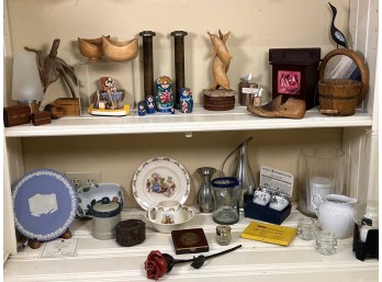 TWO SHELVES of DECORATIVE ITEMS