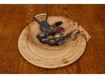 TREEN BOWL, BREADBOARD, DAYTON SCALE & MEASURES